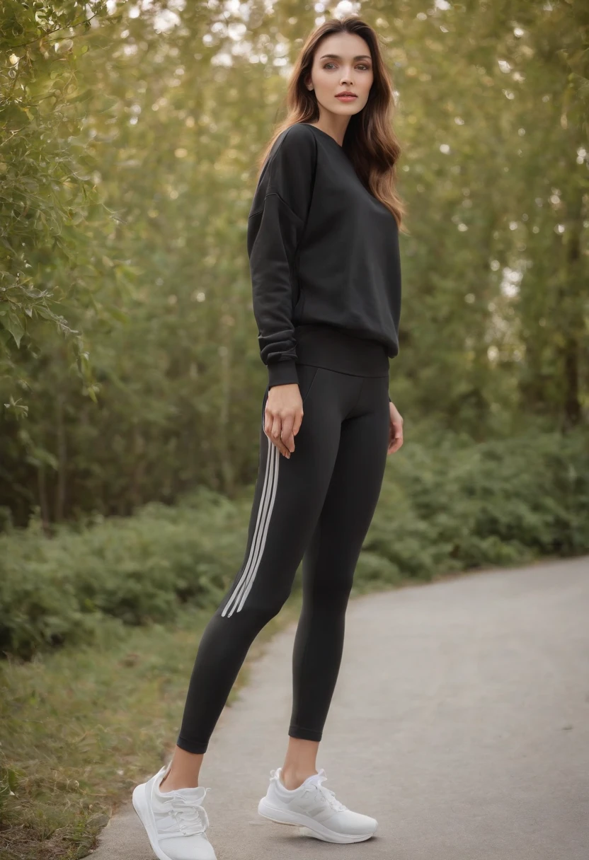 Black skinny leggings，Thin leg，Long legs，Perfect curves，athletic  sneakers，Loose sweatshirt， - SeaArt AI