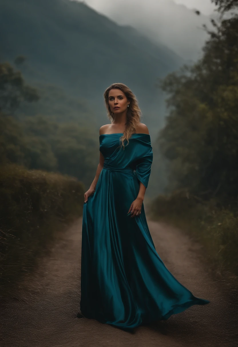 A woman in a blue dress standing on a dirt road - SeaArt AI