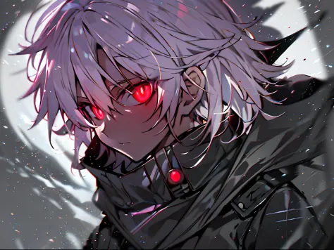 nffsw, Best Quality, masutepiece,Anime boy with white hair and red eyes staring at camera, Glowing red eyes,slim, dressed in a b...