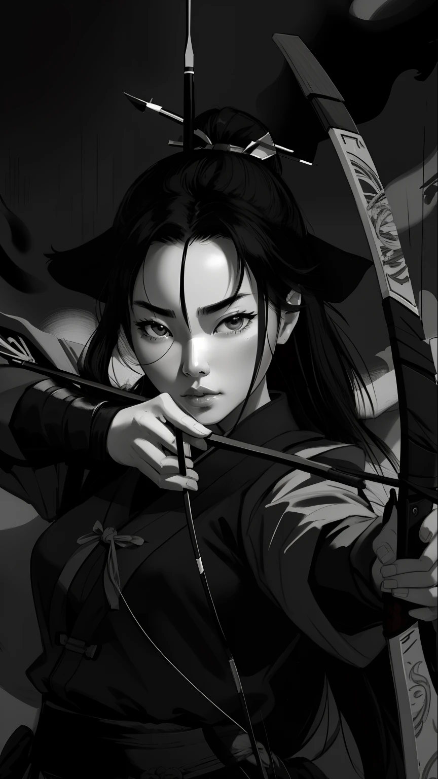 une femme vêtue d'une robe avec un arc et une flèche dans une photo en noir et blanc, portrait de Mulan, Cinématique. par leng juin, avec arc et flèche, elle tient une épée katana, par Zhang Han, iu lee ji-eun en super méchant, portrait, inspiré par Chen Yifei, par Ruan Jia et Stanley Artgerm