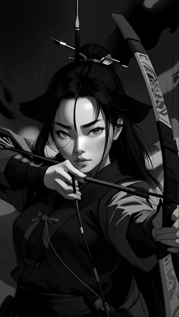 arafed woman with a bow and arrow in a black and white photo, portrait of mulan, cinematic. by leng jun, with bow and arrow, she...