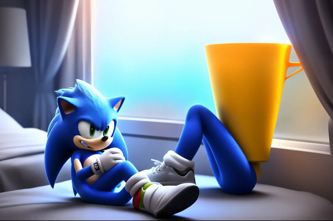hyper realistic sonic in his room sitting on his bed while it's raining outside the window and he looks sad and he's wearing a hoodie and joggers with glowing Jordan 5s and he’s holding a white cup stacked with another white cup with glowing blue juice ins...