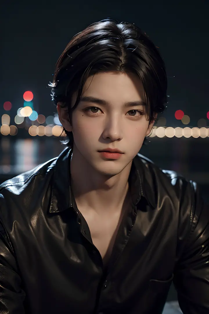 Best quality, masterpiece, ultra high res, (photorealistic:1.4), raw photo, young handsome male, black hair, (night city background:1.2)