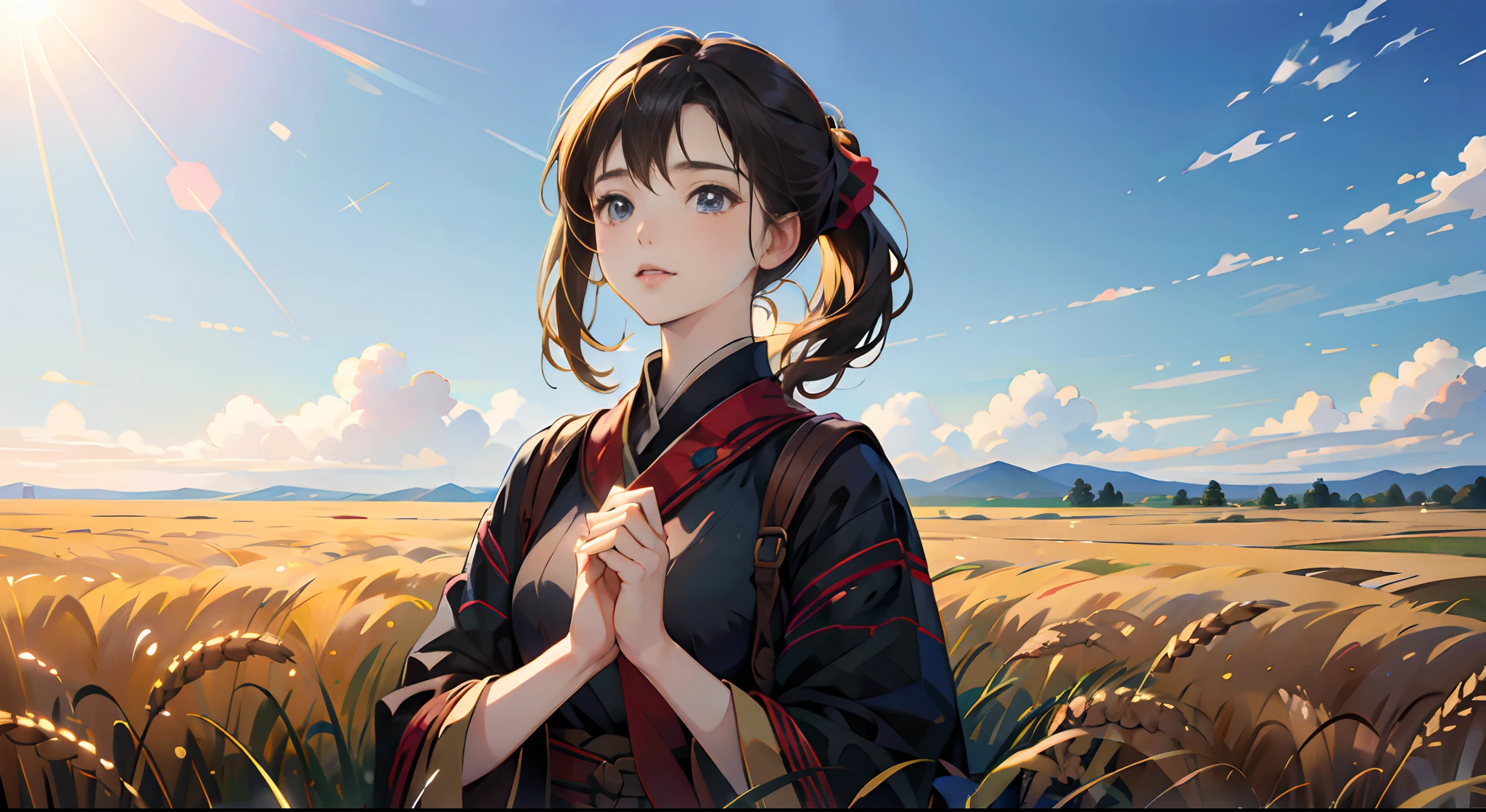 Fresh painting style，In the wheat field，girl with，Keep hands away from sunlight，Bright sky，Looking Up，Anime characters，ultra - detailed，Highly realistic，tmasterpiece，8K，hyper HD，