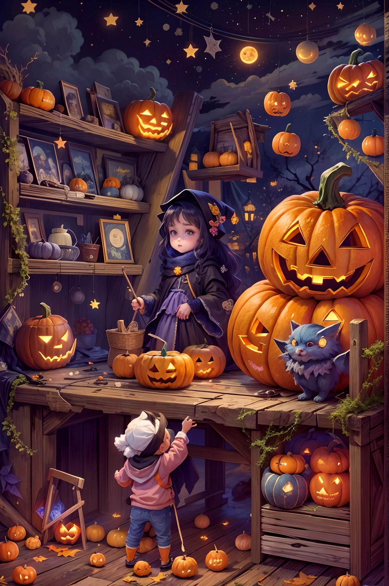 (tmasterpiece),（ultra - detailed：1.3），best qualtiy，（glittery:1.2），（dreamworld:1.4），(Van Gogh-style Halloween: 1.5),（The moon is empty），Delicious sweets，A child dressed as a wizard，Pumpkin monsters，mummy，super heroes, and other decorations, Fantasy world, Cute cartoon design style, the night，Skysky，moon full，vibrant with colors，brightly，1.4x realism，hyper HD，It is displayed in this beautiful scene，（The is very detailed，reasonable design，Clear lines，High- sharpness，tmasterpiece，offcial art，movie light effect，8K）