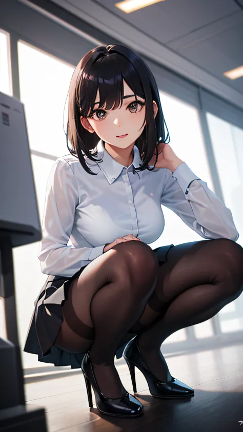 1 flight attendant,　 独奏, White high heels, White transparent skinny shirt, Pleated mini-skirt, tmasterpiece, best qualtiy, realisticlying, ultra - detailed, (shiny skins, perspired:1.4), absurderes, looking at viewert, With short black hair, with brown eye...
