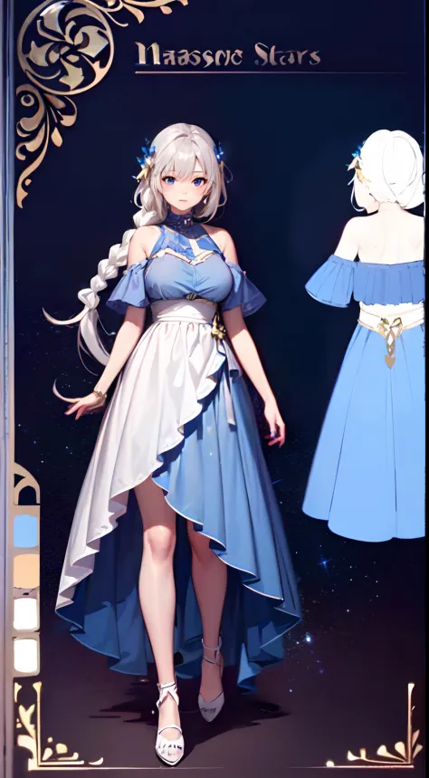 Masterpiece, Best Quality, 1girl, mature lady, solo, really long hair, white hair braided, off shoulder dress, blue starry sky dress, accessories, light blue eyes, (Reference sheet),(Model sheet)