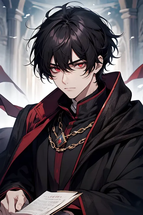 male, messy black hair with bangs, dark red eyes eyes, beautiful face, dark sorcerer, court mage, medieval fantasy, calm express...
