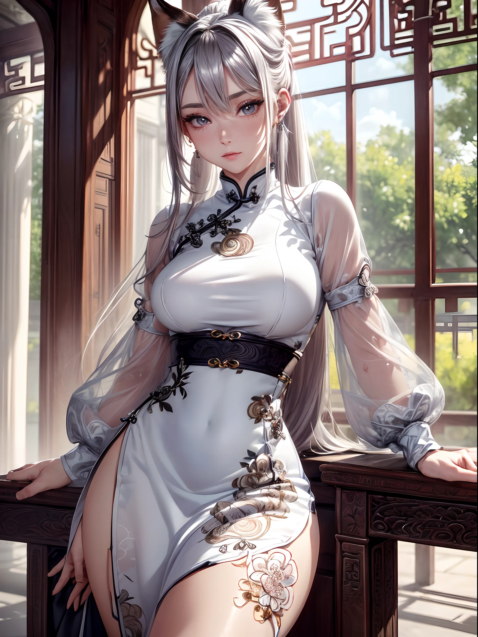 absurderes,(​masterpiece、top-quality、8K ),intricate detailes,ultra-detailliert、1 beautiful pale woman,(silber hair:1.2),((fox ear:1.3)),Long ponytail,Mega Ponytail,(qipao dress:1.3),thighs thighs thighs thighs、long eyelashes,(Beautiful and detailed eyes),Glossy lips,Sunlight,is standing、(sexy  pose:1.2),Hyper realistic,Perfect Anatomy