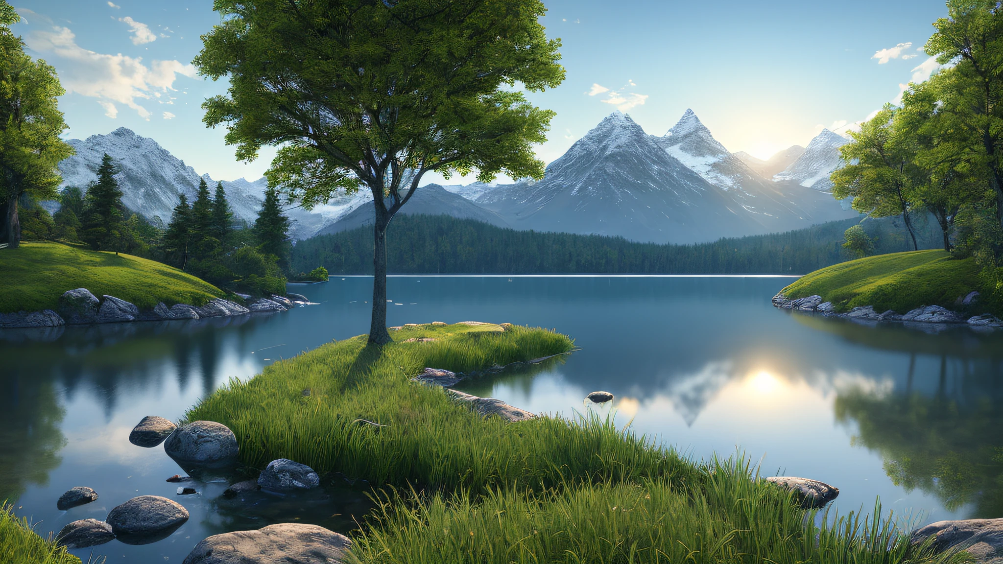 A peaceful place, Very pleasant, Aesthetic, calm, scenic. Photorealistic, 8K  UHD, Studio quality, Ultra photo realsisim, max detail, massive scale, Post-processing, Realistic, Photorealism, Photoshop, Photography, Detailed, Cinematic lighting, landscape, panoramic, landscape, Ray traching, cinema4d