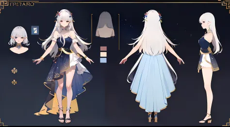 Masterpiece, Best Quality, 1girl, mature lady, solo, really long hair, white hair, (flower hair ornament), jewelry, dress night gown, blue starry sky dress, accessories, light blue eyes, (Reference sheet),(Model sheet)