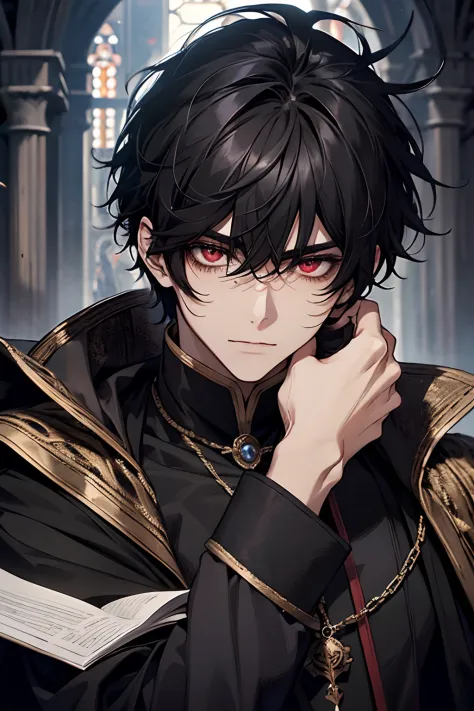 male, messy black hair with bangs, dark red eyes, beautiful face, dark sorcerer, court mage, medieval fantasy, condescending