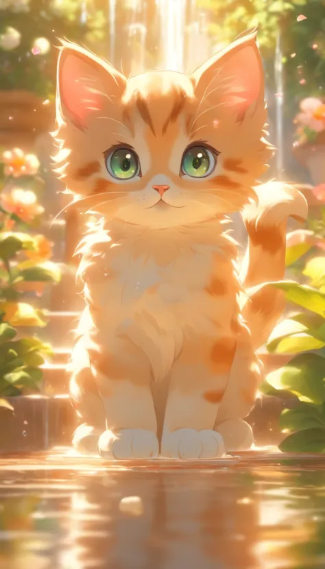 Cute kitten with round eyes, Garden fountain, , Distant home, Mirror effect