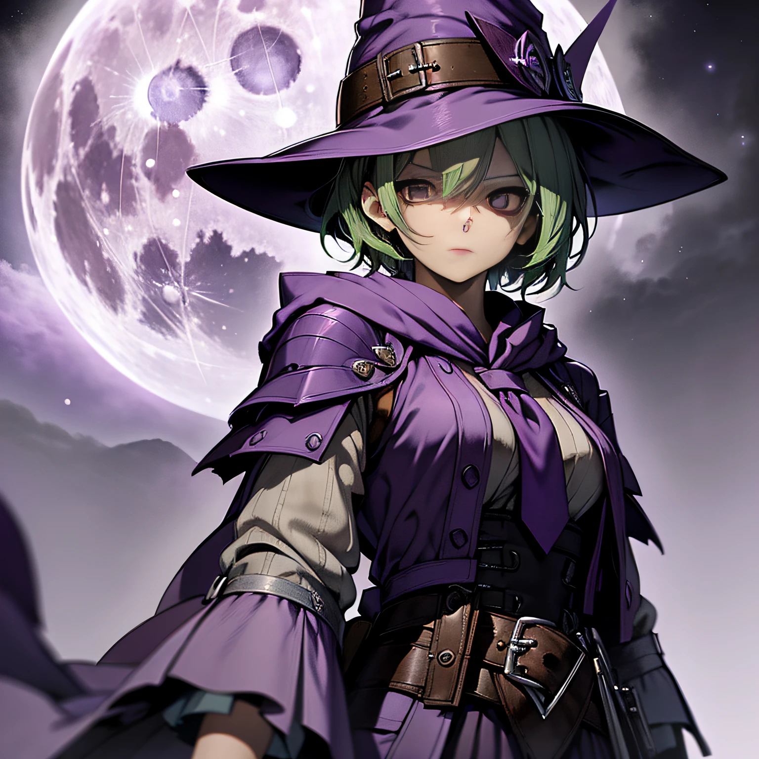 top-quality、extremely delicate and beautiful、(A teenage girl)、Purple Eye、Green hair、short-haired、(purple witch hat)、Purple tie、Tactical Vest、Soio、shortsleeves、Purple skirt、Purple Wizard Robe、Navel、is standing、Facing the front、Expression of hatred、Full moon night on background、Only eyes