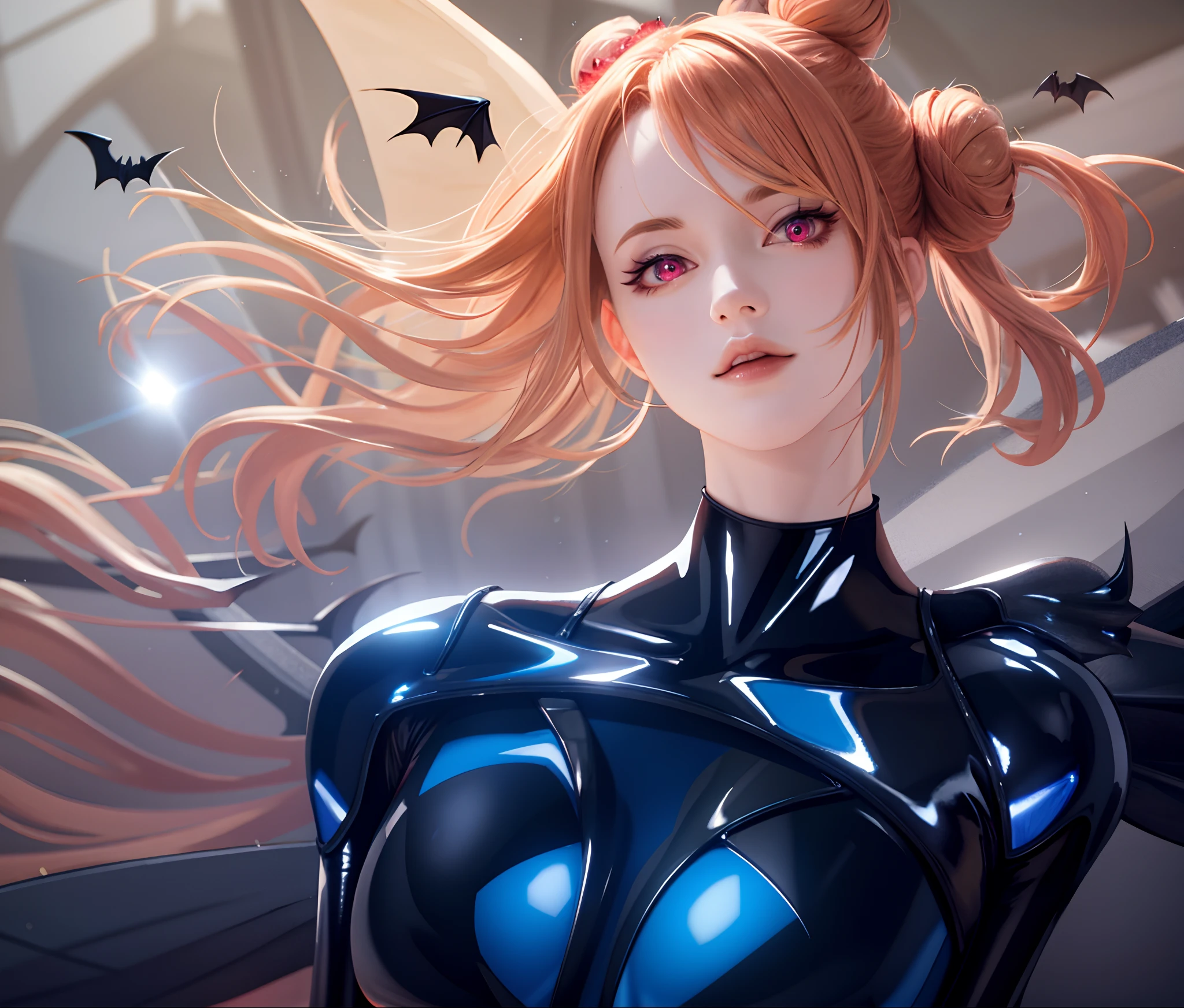 masterpiece, best quality, high quality, High definition, High quality texture, High quality shadow, high detail, realistic, Cinematic Light, sidelighting, Lens Flare, Ray tracing, sharp focus, bat wings, glowing wings, strawberry blonde hair, hair bun, red eyes, bodysuit, bats, floating, legs crossed, blue bodysuit,