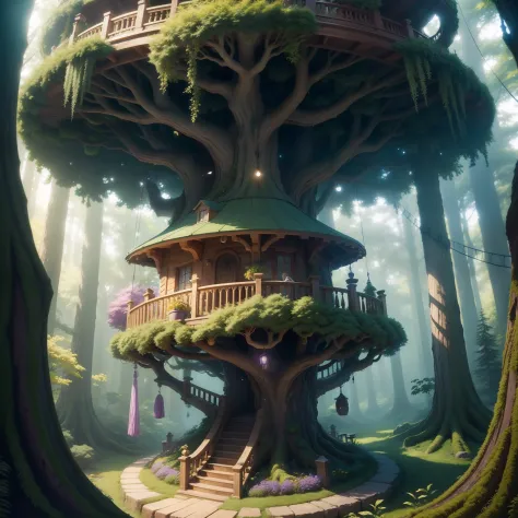 Large trees entwined with plant rings., Little people., Round ornamental tree house, Suspension bridge between tree houses, The staircase is carved with tree bark., bug, Particles glitter in the air., Fairytale Forest, Green, lam, yellow, purple