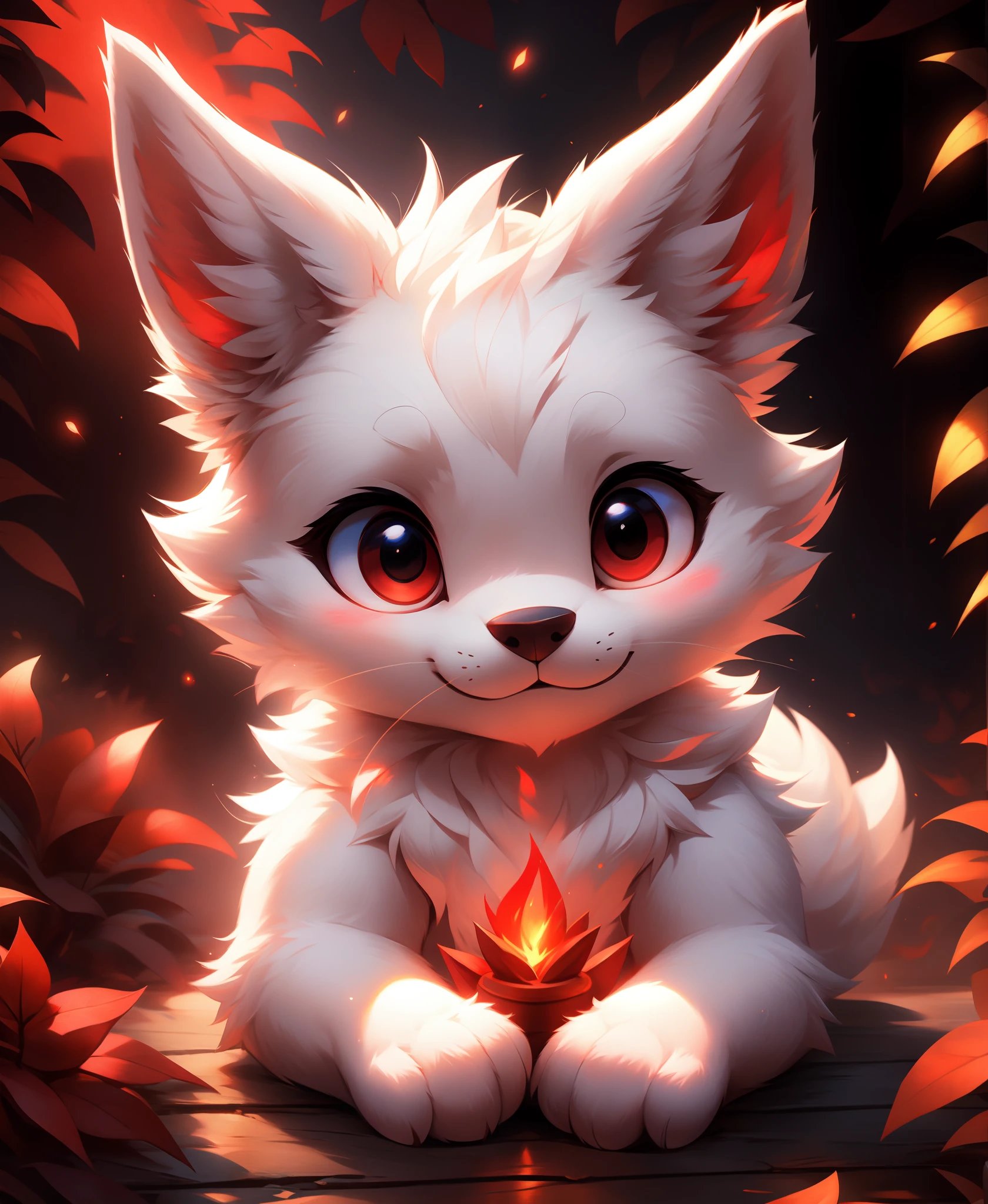 furry, white fur, ultra cute face, red elements on fur, glowing t-shrt, beautiful lights and shadows, ambient light, ultra detailed fur, volumetric light