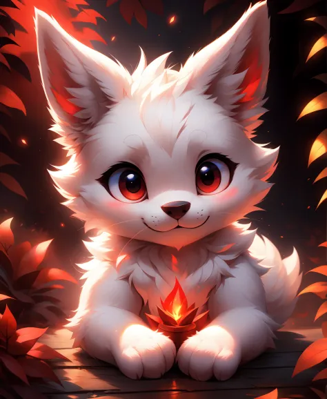 furry, white fur, ultra cute face, red elements on fur, glowing t-shrt, beautiful lights and shadows, ambient light, ultra detai...