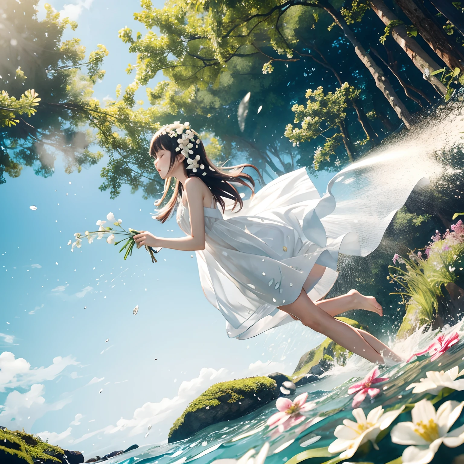 1girl in,(Low_Angle),water spray, fronds,Flowers,forest,Flying splashes,Sea,Flying splashes, White Dress,Best Quality ,masutepiece, Illustration, extremely delicate and beautiful, Extremely detailed ,nffsw ,Unity ,8K Wallpaper,tussock,  Hair Flower, Cute,Scene Depth,Bare arms, holding flowers, 鎖骨,