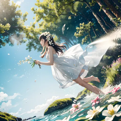 1girl in,(low_angle),water spray, fronds,flowers,forest,flying splashes,sea,flying splashes, white dress,best quality ,masutepie...