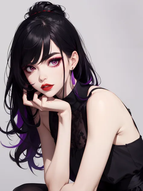 1 gilr, red lips, eyebrows, purple eyeshadow, tied hair, black dress, black hair