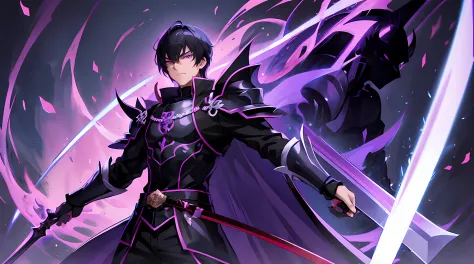Asian anime male,teenager, purple eyes , black outfit armor medieval, black hair anime asian, using magic and sword, top quality...