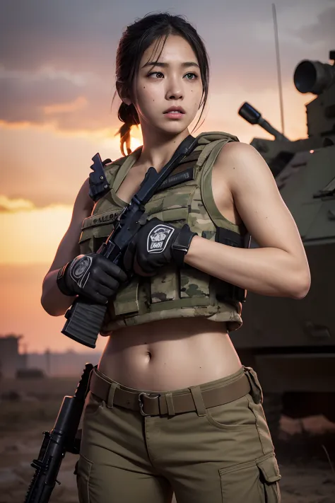 24 year old, Filipino Woman, tanned bronze skin, wearing USA marine corps uniform, fighting on the battlefield, strong muscles, world war, modern war theme, army girl, rifle, (holding a rifle: 1.3), (aiming and holding rifle: 1.3), soldier girl, infantry g...
