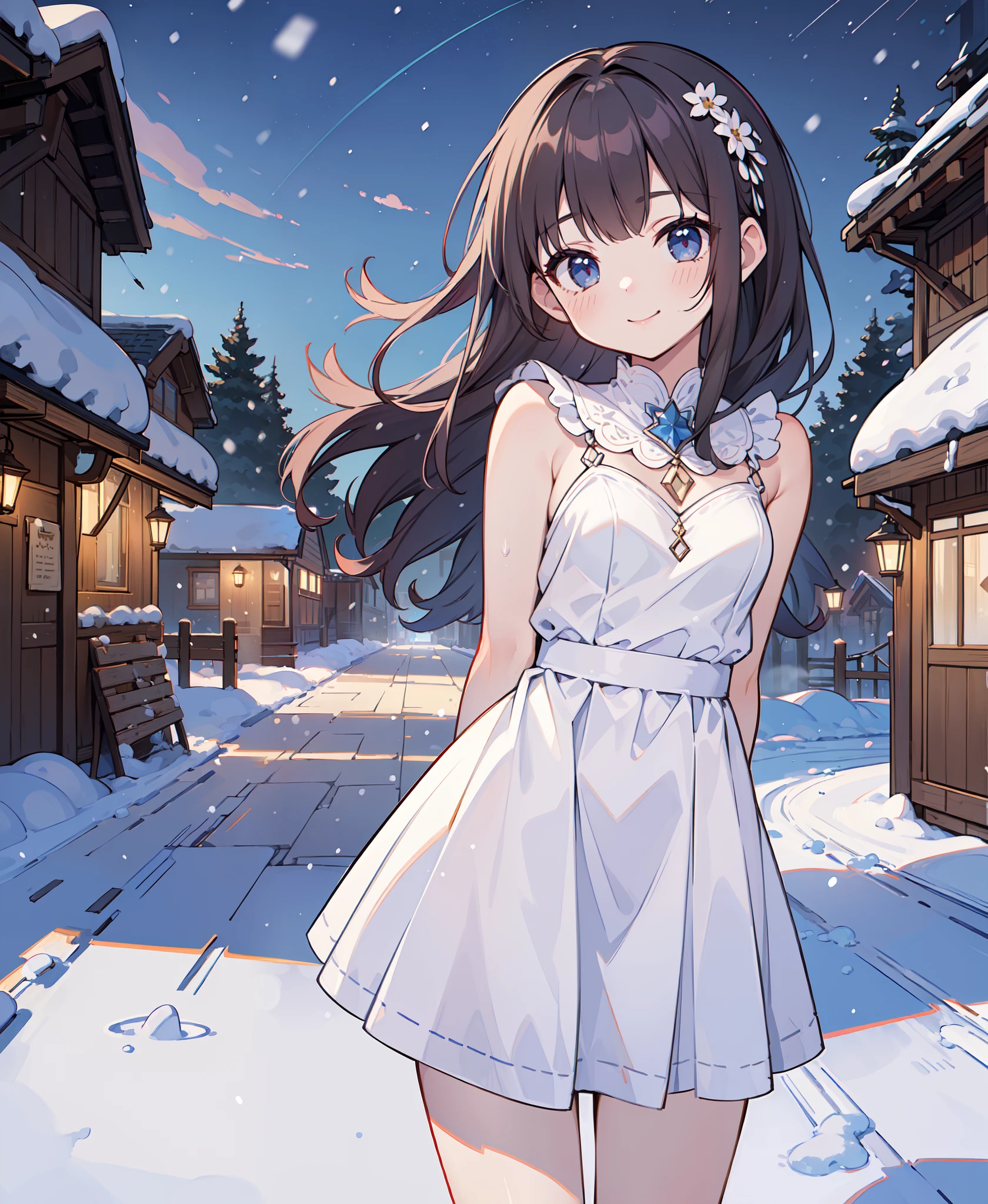 (masterpiece, best quality:1.5),pandora,pddf,1girl,looking at viewer,seductive smile,small breasts,barefoot,arms behind back,outdoors,(village:1.2),snow,snowing,cowboy shot,(night,dark:1.2),