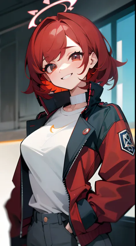 ((Masterpiece, Best quality)), (1girll),((Masculine)), dark colored hair,Red hair ends, Halo, jaket, ((Tomboyish)),short detailed hair,little breast,Playful laughter,Flirtatious laughter,Handsome, Understood \(Blue Archive\),