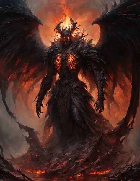 From the blackened heart of the Cursed Wood emerges the Harbinger of the Obsidian Maw. Bathed in a sanguine glow, his wings, tattered yet formidable, spread like a nightmarish tapestry against the ghostly fog. Eyes, alight with a malevolent fire, pierce th...