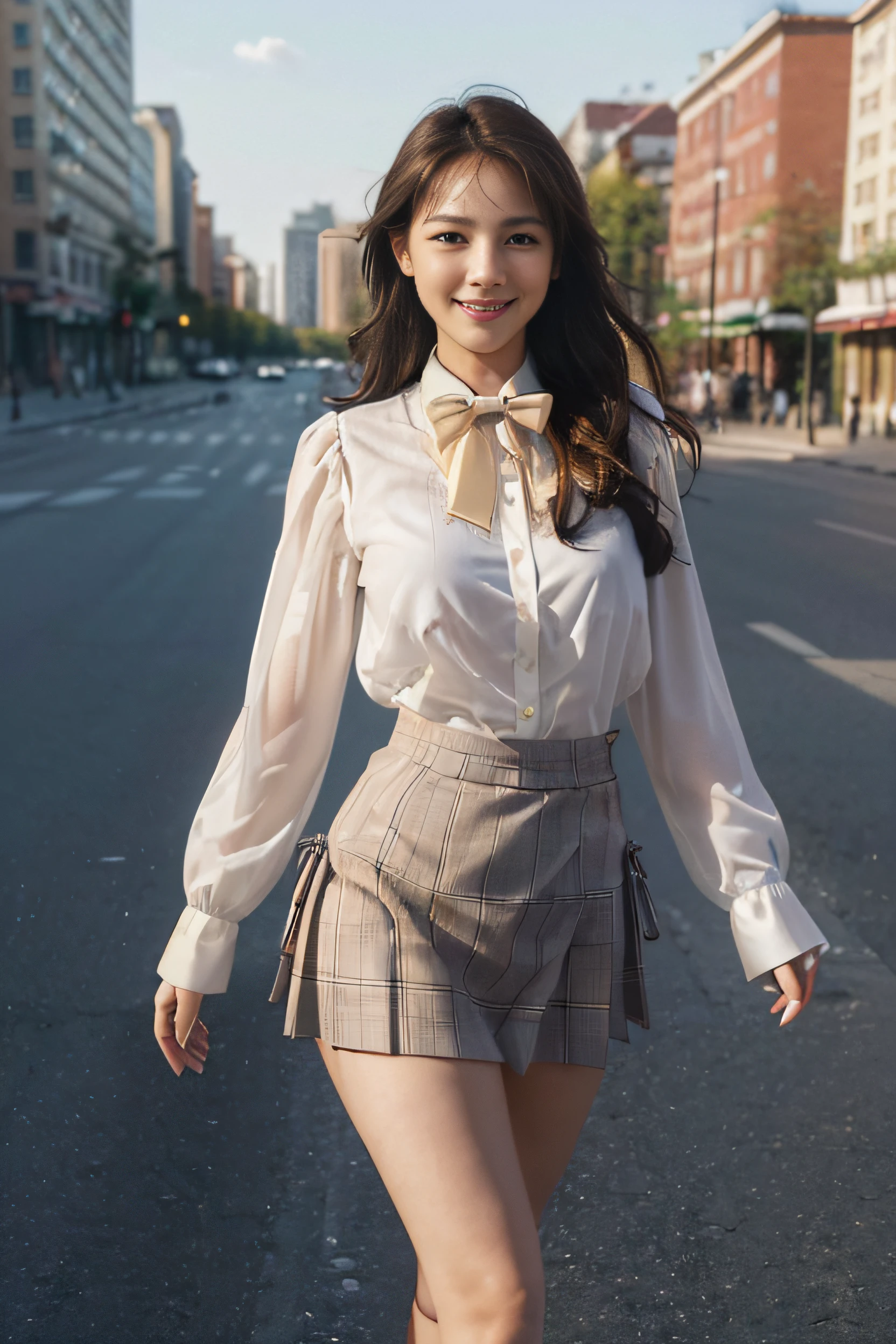 Araffe asian woman in a skirt and blouse walking down the street - SeaArt AI