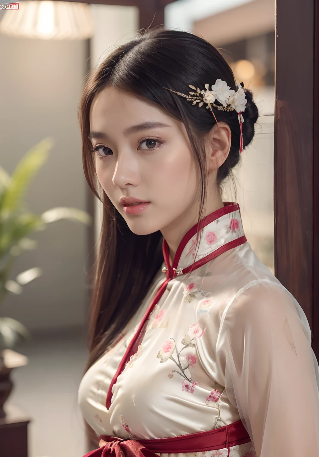 1girl, ((very transparent) Hanfu qipao), (erotic_), ((focuss closeup face)), pretty young (Russian) (Asian) (masterpiece), top Chinese model, (aphrodite goddess), (beauty breast), very best quality detailed face:1.5, privium room, (8k HD graphic, (soft and chill light), best quality detailed ultra highres:1.2 dynamic lighting, artstation, winner photography, volumemetricslighting),