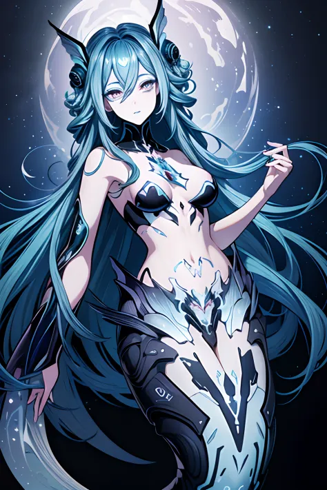 masterpiece, Lamiapgr, best quality, masterpiece, amiapgr, blue_lipstick, blue_eyeliner, symbol-shaped_eyes, multicolored_hair, detached collar, head fins, hand on own head, hand up, head tilt, holographic interface, Mermaid tail, mermaid, mermaid.full bod...