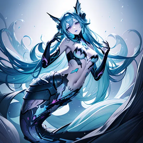 masterpiece, Lamiapgr, best quality, masterpiece, amiapgr, blue_lipstick, blue_eyeliner, symbol-shaped_eyes, multicolored_hair, detached collar, head fins, hand on own head, hand up, head tilt, holographic interface, Mermaid tail, mermaid, mermaid.full bod...