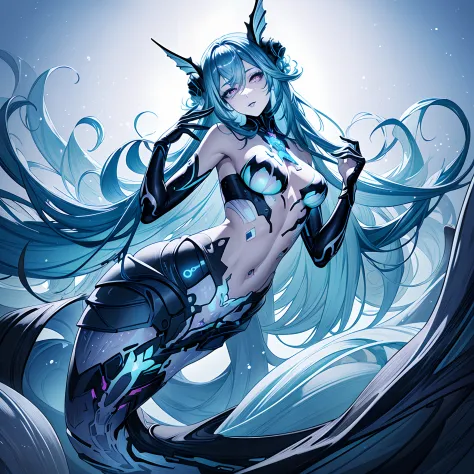 Masterpiece, Lamia Pugh, Best quality, Masterpiece, Amiapog, Blue_lipstick, Blue_eyes liner, symbol-shaped_Eyes, Multicolored_Hair, Detached collar, head fins, hand on own head, Hand up, Head tilt, holographic interface, Mermaid tail, mermaid, mermaid.full...
