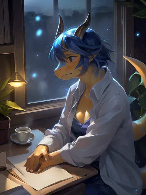 solo, female, businesswoman, (female anthro dragon:1.3), (white body:1.1), yellow belly, (sitting:1.3), (kemono:1.4), (on desk:1.23), (open shirt), (sad:1.3), exhausted ,detailed eyes, dragon tail, horn, (bust portrait), (detailed eyes), (indoors:1.35), of...