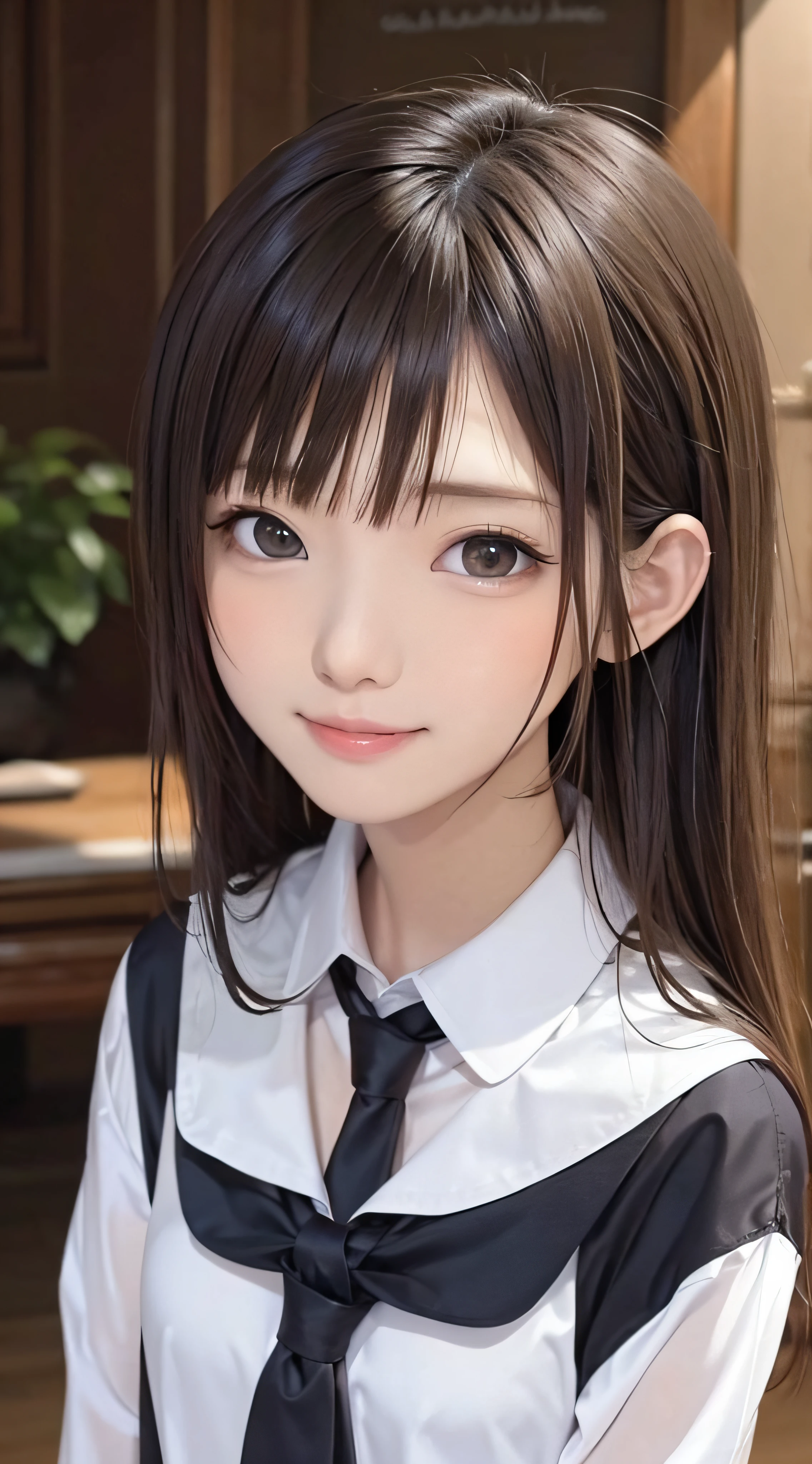 13years、brown haired、beautidful eyes、real looking skin、hi-school girl、a sailor suit、small tits、(8K、​masterpiece)、(reallistic、Photorealsitic)、top-quality、ighly detailed、The ultra-detailliert、Beautie、cute little、japanes、Idol、a smile、Close-up portrait、Healthy face