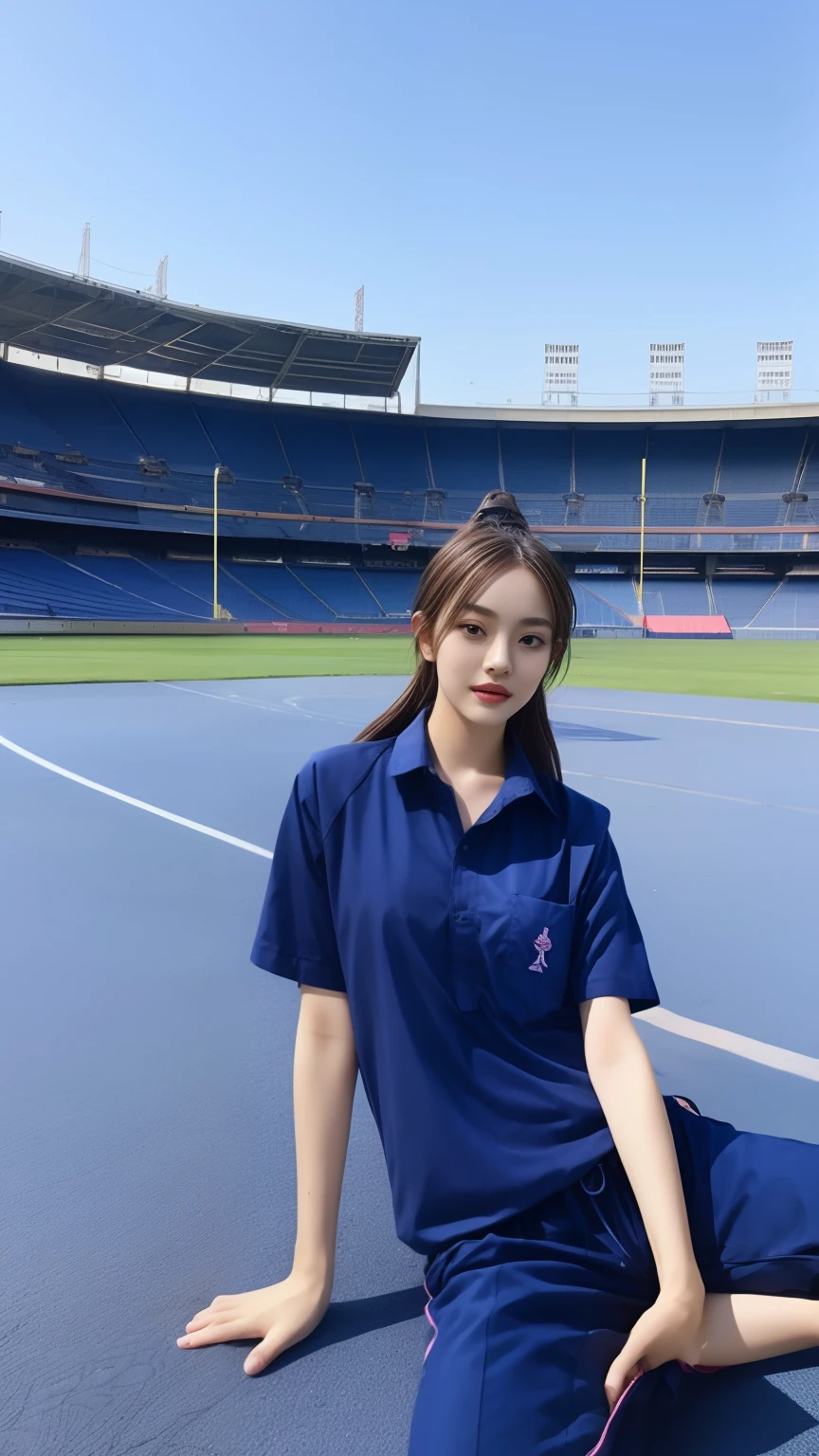 (bestquality,10,10,highres,masterpiece:1.2),ultra-detail,(Realistic,photorealistic portrait,photo-realistic:1.37),1 cute girl sitting on the football field,oily shiny skin,bara,light smile,BDclothes,((blue shirt:1.3)),short sleeves,shirt, trousers.,(navy_long_Pants Track:1.1), ((Stadium Background:1.3)),dynamic angle,excited,face focus,Dynamic Poses,from behide,Ass Focus,masterpiece, bestquality, ultra realistic, hyper-detail, 8k resolution, RAW photo, crisp focus, ((Navy blue shirt:1.1)), short sleeves, Long Path, Perfect body, 2 mature women, 18yo, cinematic light,Blue sweatpants,Gymware,Correct anatomy,Complete body, Correct body, sharp face, Anatomically correct body, full entire body, Realistic gestures, long-haired, Realistic poses,Wear long shorts......................,Long leg span,Shapely,Sculpting Girl, Slender Figure, mannequin mannequins, Shapely, Beautiful body,Blue sweatpants