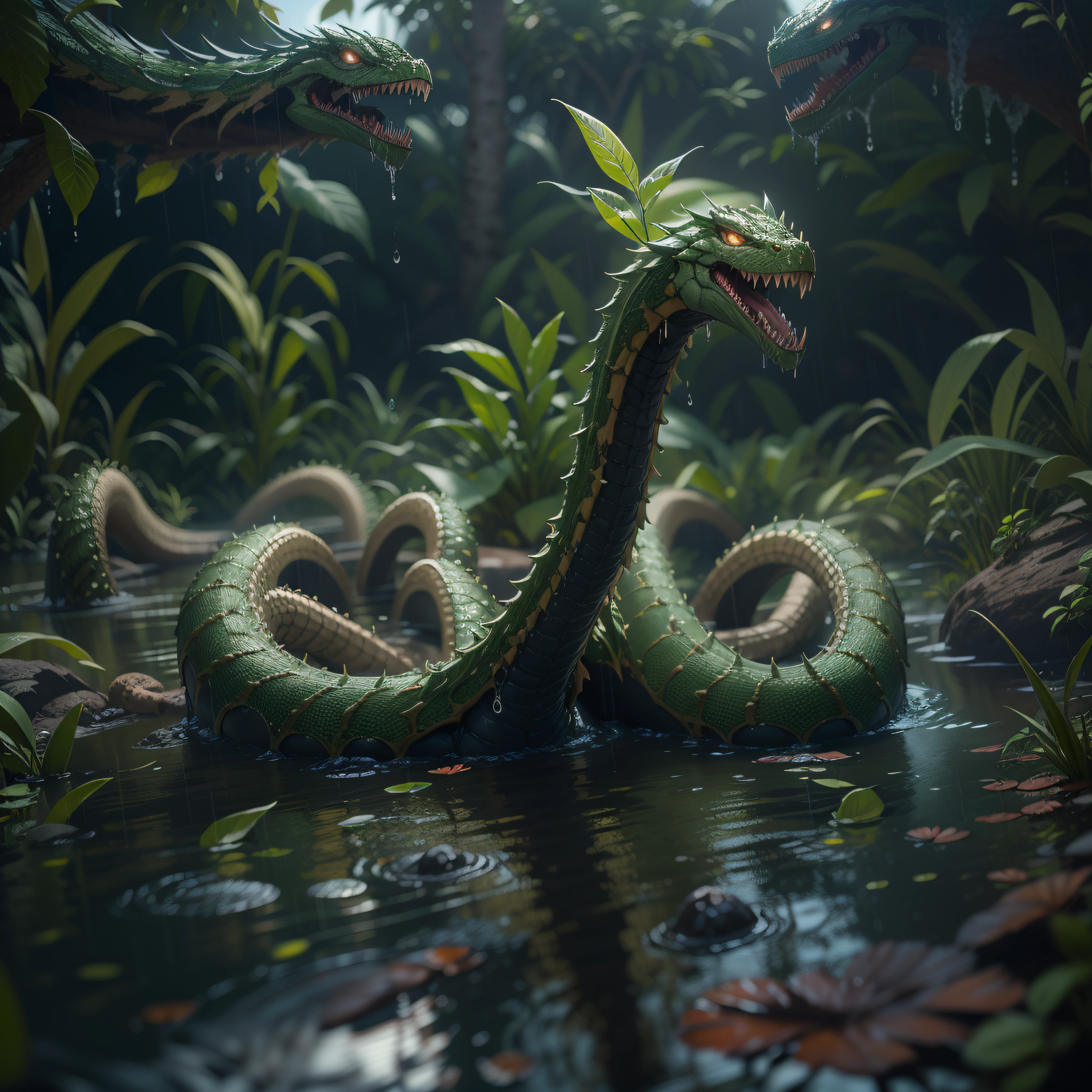 (an hydra emerging from a swamp), rain, vray style, intricate detail ...