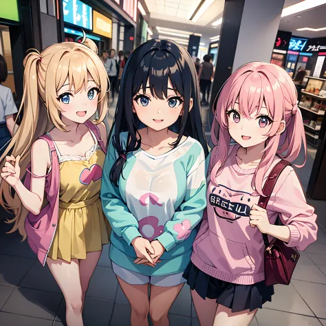5girls, 5 kawaii anime girls, inside of mall, all wearing pastel colors, smiling, cute