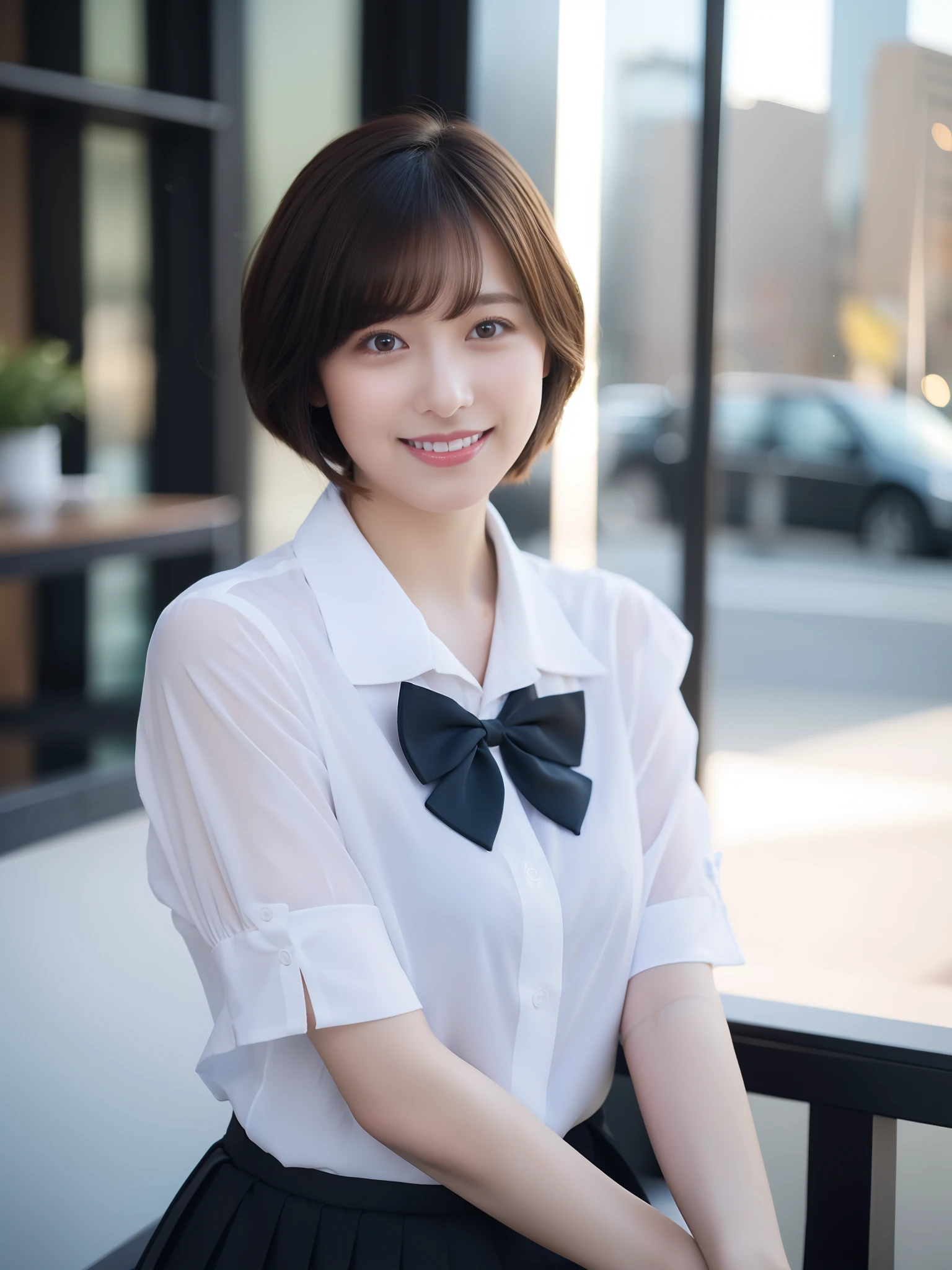 (8K, RAW photos, top quality, masterpieces: 1.2), (realistic, photorealistic: 1.37), ultra high definition, one girl, cute, solo, beautiful sky, detailed café, night, sitting, dating, (blusher), (smile: 1.1), (closed), big, beautiful eyes, (collared shirt: 1.1), bow tie, pleated skirt, (short hair: 1.2), Floating Hair