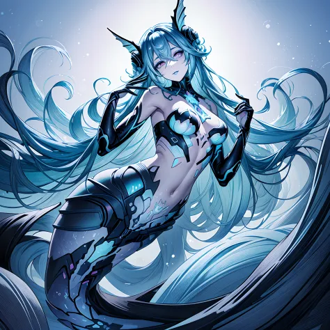 Masterpiece, Lamia Pugh, Best quality, Masterpiece, Ami Apog, Blue_lipstick, Blue_eyes liner, symbol-shaped_Eyes, Multicolored_Hair, Detached collar, head fins, hand on own head, Hand up, Head tilt, holographic interface, Mermaid tail, mermaid, mermaid.ful...