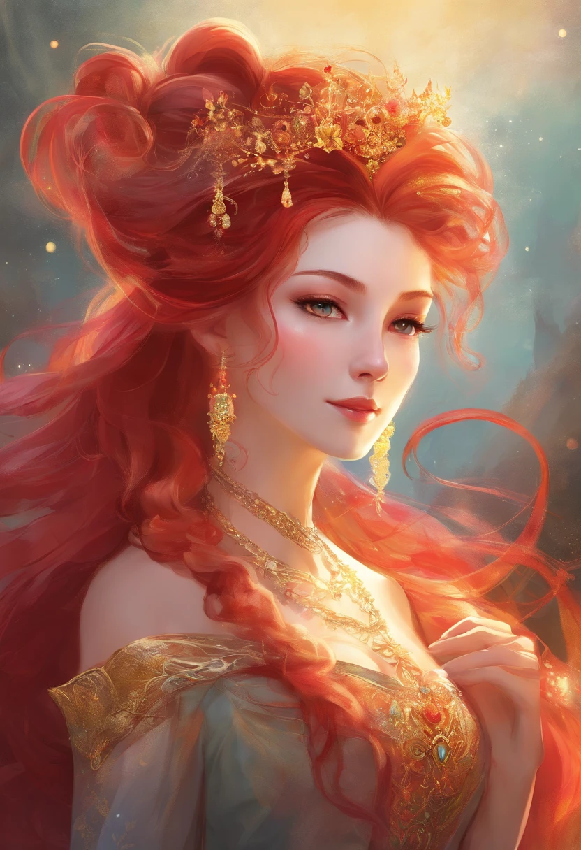 Mature anime woman, crimson hair, yellow eyes, hair in bun, pearls in hair, red Victorian dress, gold eyeshadow, glossy lips, long eyelashes