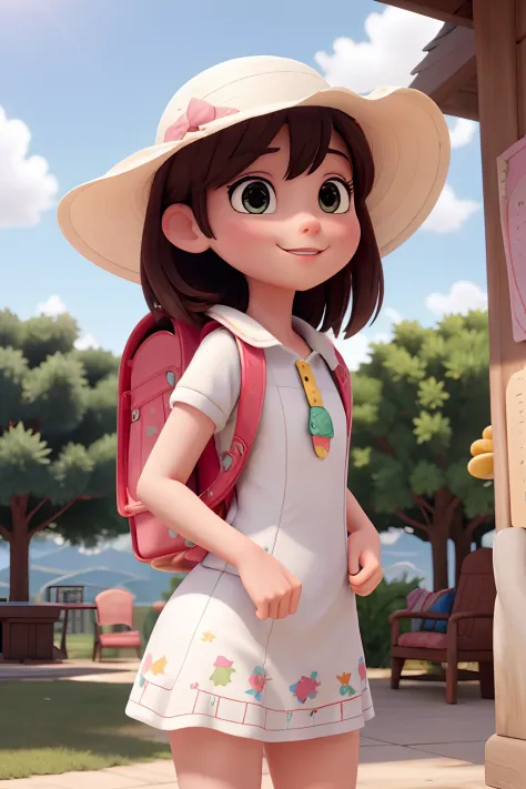masterpiece, best quality, high resolution, extremely detailed, detailed background, cinematic lighting, 1girl, looking at viewer, park, white dress, sun hat, smile, wearing  randoseru backpack, (randoseru backpack:1.0), standing