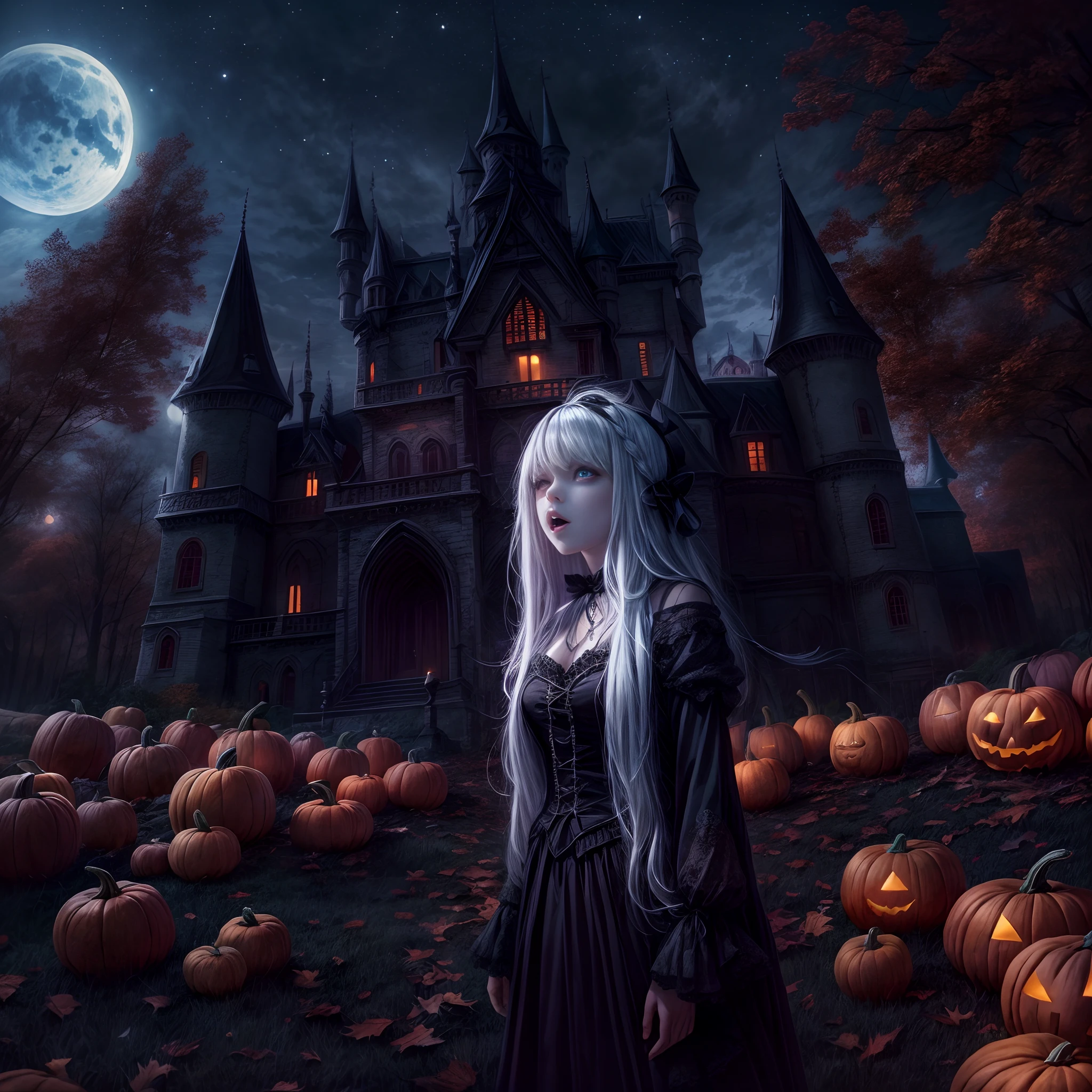 （Halloween dark fantasy），（ultra-wide-angle），rays of moonlight，In front of the Gothic castle，A Halloween witch（looking at viewert，sparkle eyes，Openyourmouth，on the far right of the screen），Delicious sweets，Pumpkin monsters，Electroluminescence，Dreamy glow，Conceptual digital art，Sky blue gray，（tmasterpiece，best qualtiy，hyper HD，extremely detaile，cinmatic lighting），gothicpunkai