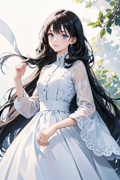 1 girl, high res, long black hair, blue eyes, wearing cute and modest white dress, happy and elegant, motivating, bright, ultrasharp, 8K, masterpiece, looking at the canvas
