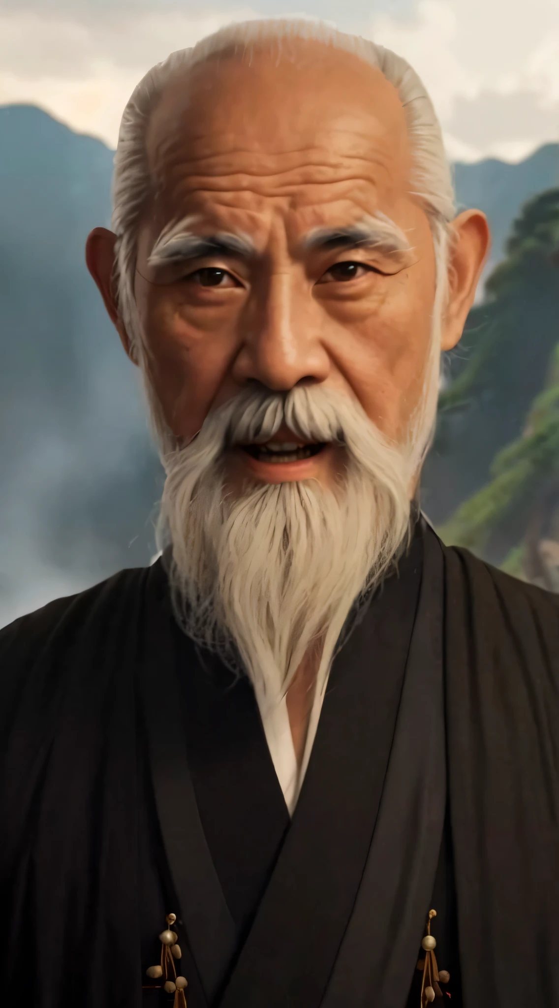 One with a white beard，Old man in black robe, inspired by Wu Daozi, Inspired by Hu Zaobin, Taoist master, inspired by Li Gonglin, Taoist, old jedi master, Inspired by Cao Zhibai, inspired by Wu Bin, inspired by Zhao Mengfu, Highly detailed VFX portrait, Wise old man