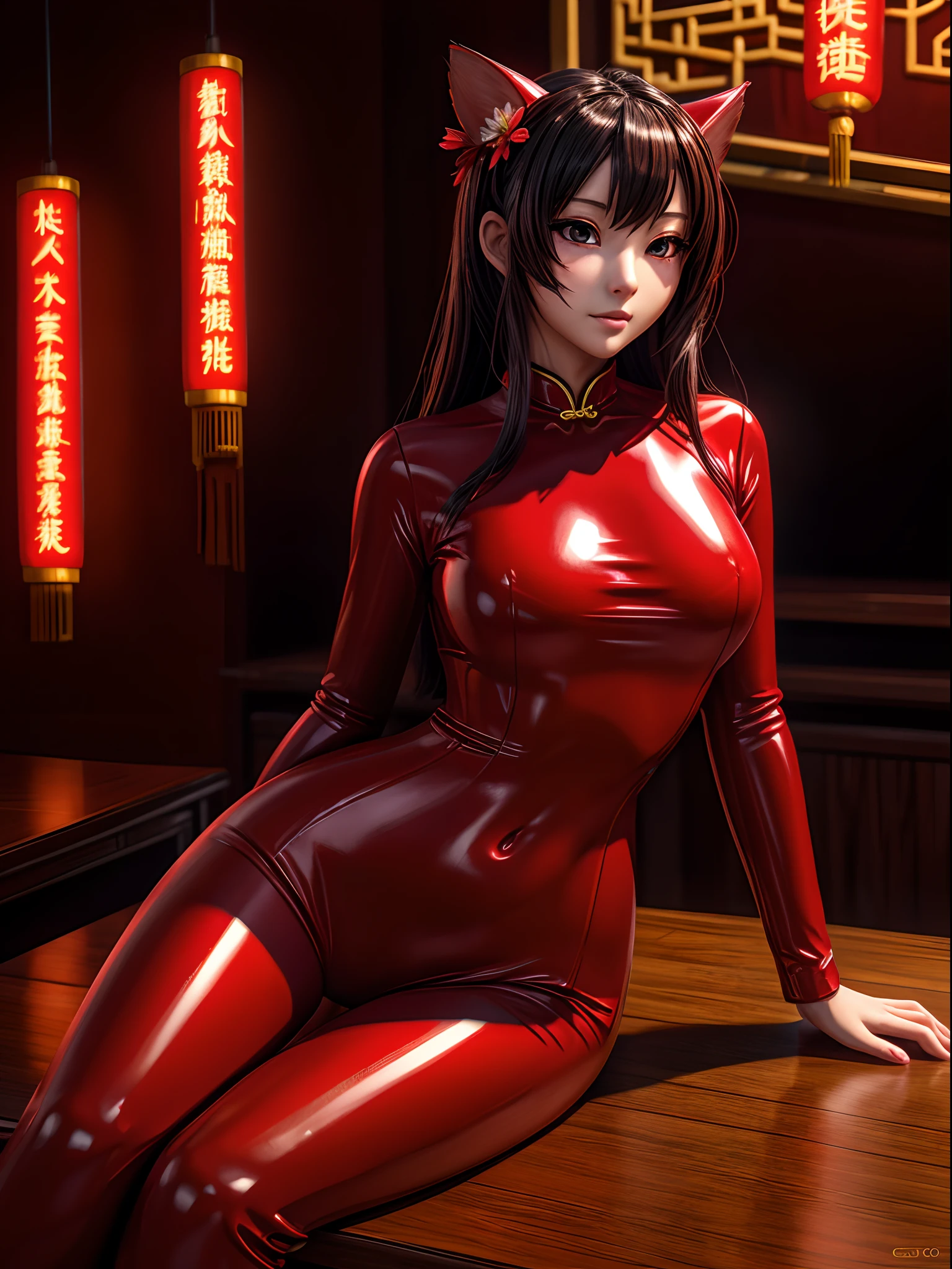 (corpo todo) Há uma mulher com uma roupa de látex vermelho deitada sobre uma mesa, uma pintura fotorrealista de Yang J, tendências na sociedade cg, arte digital, tendências no cgstation, 🌺 sociedade cg, pele brilhante, Rin Tohsaka, Menina chinesa, vermelho brilhante, iluminação vermelha e cinematográfica, Vestindo um cheongsam vermelho, renderização fotorrealista de garota anime