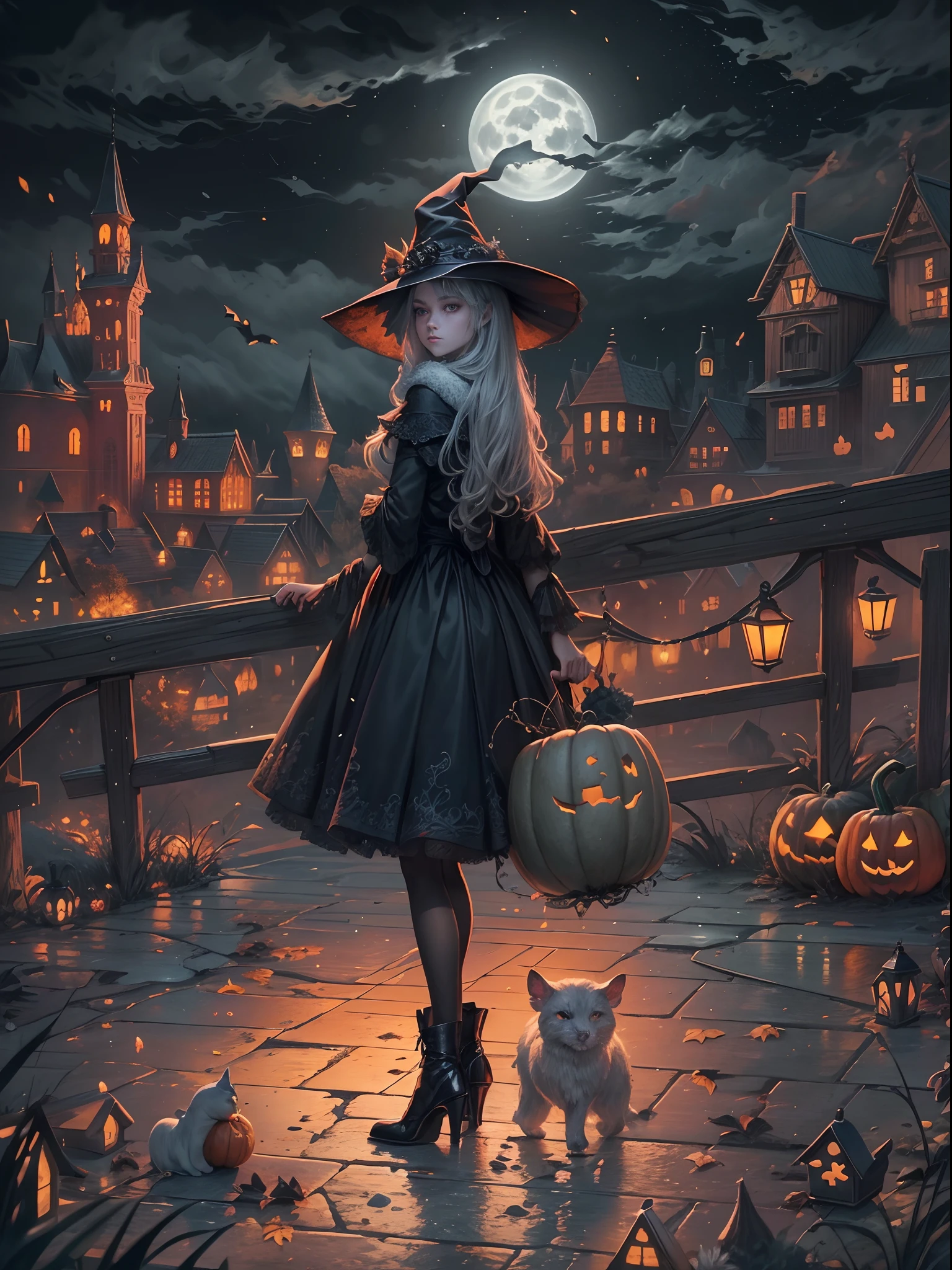 (tmasterpiece),（ultra - detailed：1.3），best qualtiy，（glittery:1.2），（Halloween Dream World:1.4），(Van Gogh starry and moonlight painting style: 1.5),（The moon is empty），halloween night，((The beautiful Dark Witch cruising casually on the city roads in a magical pumpkin carriage)), Beautifully carved decoration，glowing from within, Swirling mist，Wonder, Dark fairytale charm, Enchanted car, In stark contrast to the typical secular reality, The mysterious aura of ghosts，red - eyed，Meniscus，Red Moon，borgar，pumpkins，the bats，Dark black cloak, Dark black wizard hat, Beautiful background, Light particles, Moon light, Dramatic lighting, Cinematic lighting, darkly，Dark tones，Gloomy，The colors are dim，Dark tones，1.4x realism，hyper HD，It is displayed in this beautiful scene，（The is very detailed，reasonable design，Clear lines，High- sharpness，tmasterpiece，offcial art，movie light effect，8K）