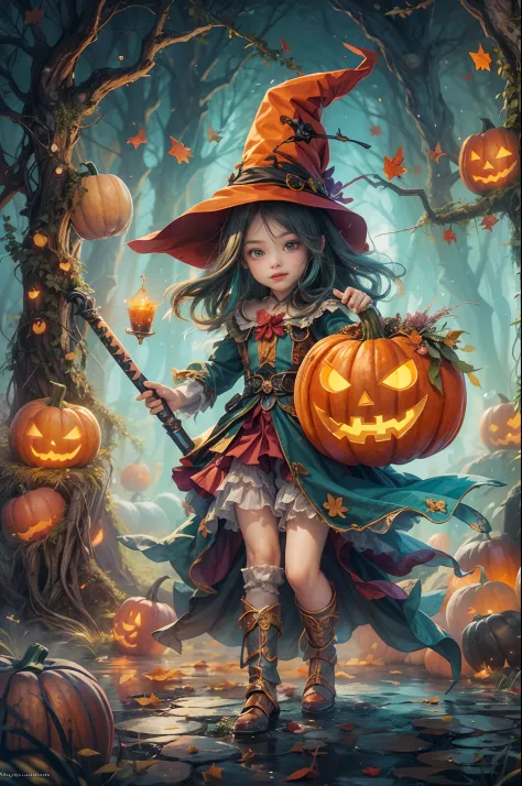 Whimsical Halloween Witch, Wear energetic and playful magical costumes, Stand in a magical forest filled with colorful magic splashes, Hellbringers，red - eyed，Meniscus，Red Moon，borgar，pumpkins，the bats, Cartoon style with watercolor effects, 2D, Perfect fo...